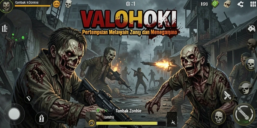 Tampilan antarmuka permainan VALOHOKI dengan aksi tembak zombie yang mendebarkan.